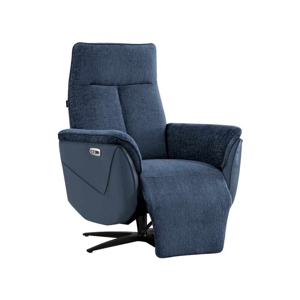 Fauteuil relax pivotant bi moteur ORNATA tissu chenillé & pvc bleu nuit