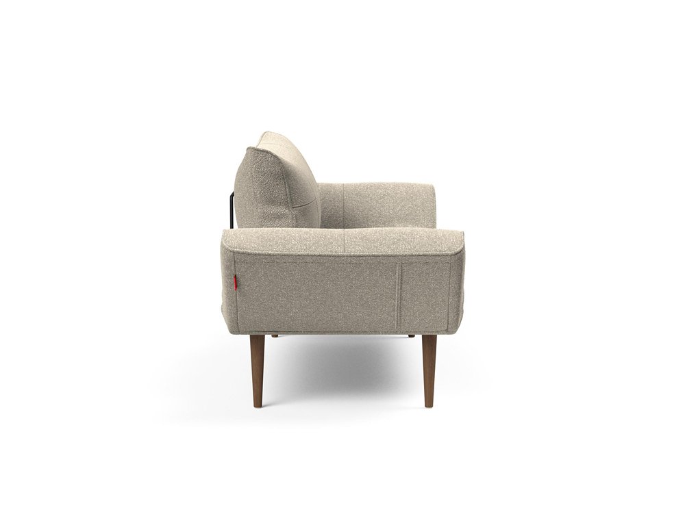 Canapé lit ZEAL STYLETTO acier piétement chêne laqué foncé tissu bouclé beige