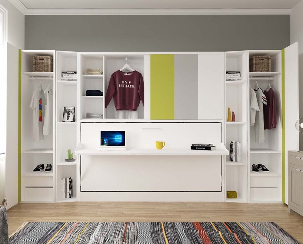 Lit bureau escamotable horizontal avec surmeuble ACADEMY DESK couchage 90x200cm turquoise gris et blanc