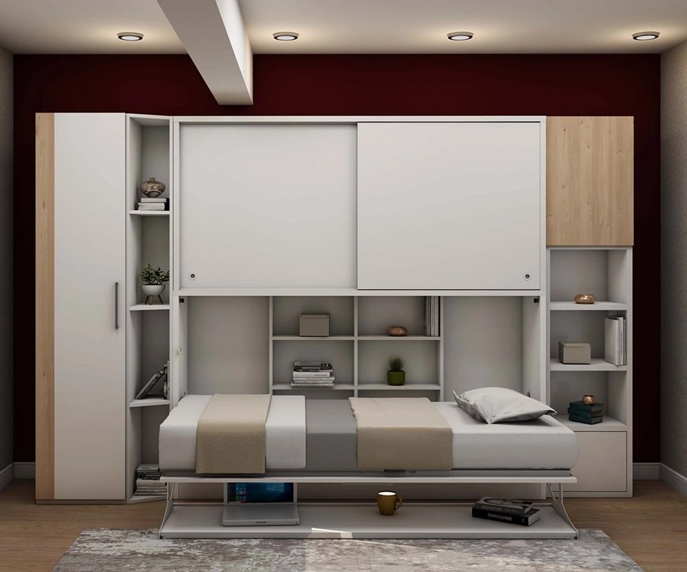 Lit bureau escamotable horizontal avec surmeuble ACADEMY DESK couchage 90x200cm turquoise gris et blanc