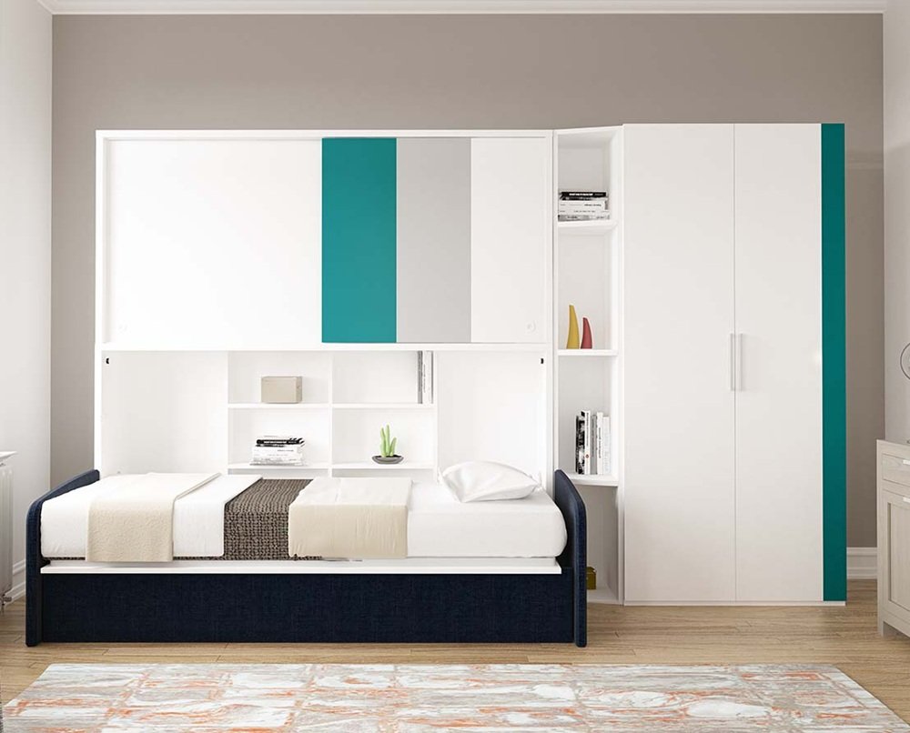 Lit canapé escamotable horizontal avec surmeuble ACADEMY SOFA couchage 90x200cm blanc