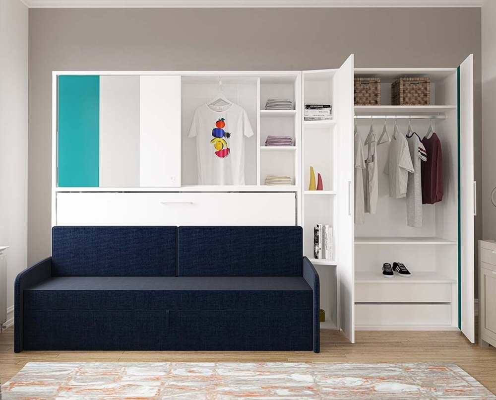 Lit canapé escamotable horizontal avec surmeuble ACADEMY SOFA couchage 90x200cm blanc