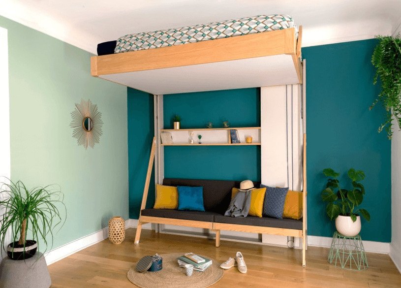 Lit escamotable au plafond JUNO canapé horizontal 140*200 cm pin encadrement cachemire tissu anthracite