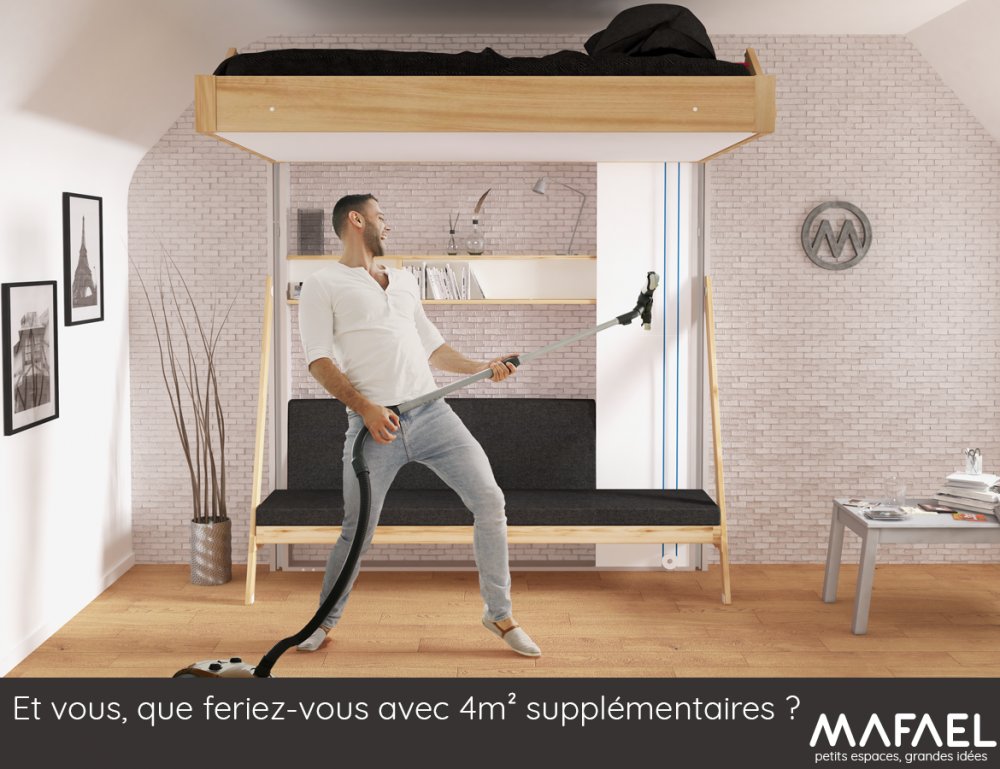 Lit escamotable au plafond JUNO canapé horizontal 140*200 cm pin encadrement cachemire tissu anthracite
