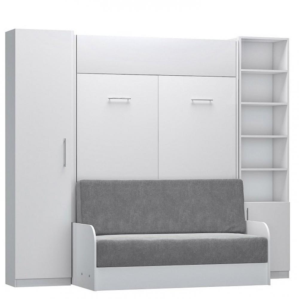 Composition lit escamotable blanc mat DYNAMO SOFA canapé accoudoirs blanc mat et gris colonne armoire + bibliothèque 140*200