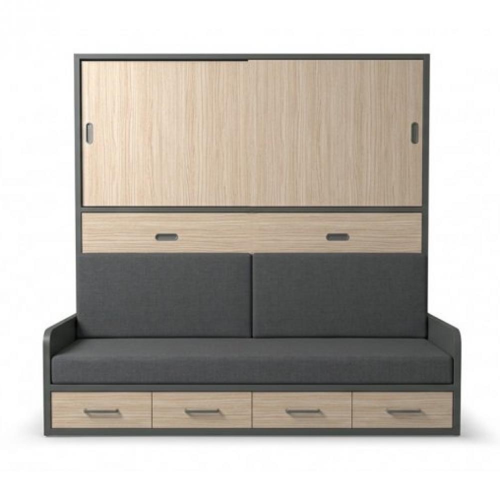 Lit escamotable horizontale 2 portes coulissantes 90 x 190 cm canapé tiroirs intégrés pour matelas de 24 cm hauteur 240 cm