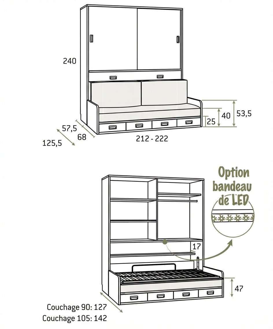 Lit escamotable horizontale 2 portes coulissantes 90 x 190 cm canapé tiroirs intégrés pour matelas de 24 cm hauteur 240 cm