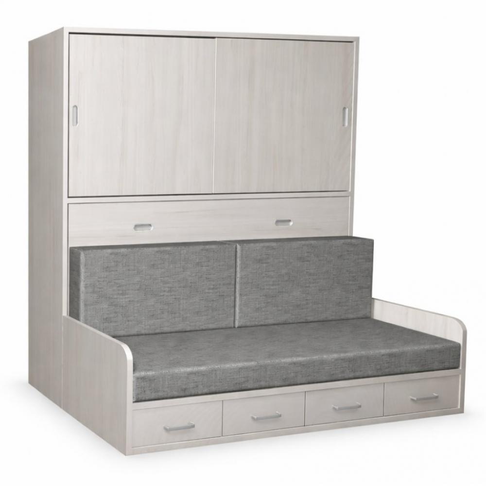 Lit escamotable horizontale 2 portes coulissantes 90 x 190 cm canapé tiroirs intégrés pour matelas de 24 cm hauteur 240 cm