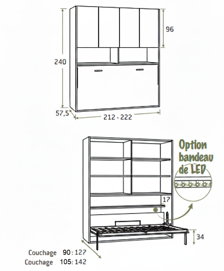 Lit escamotable horizontale pont rangement 90x190 cm pour matelas de 24cm hauteur 240cm