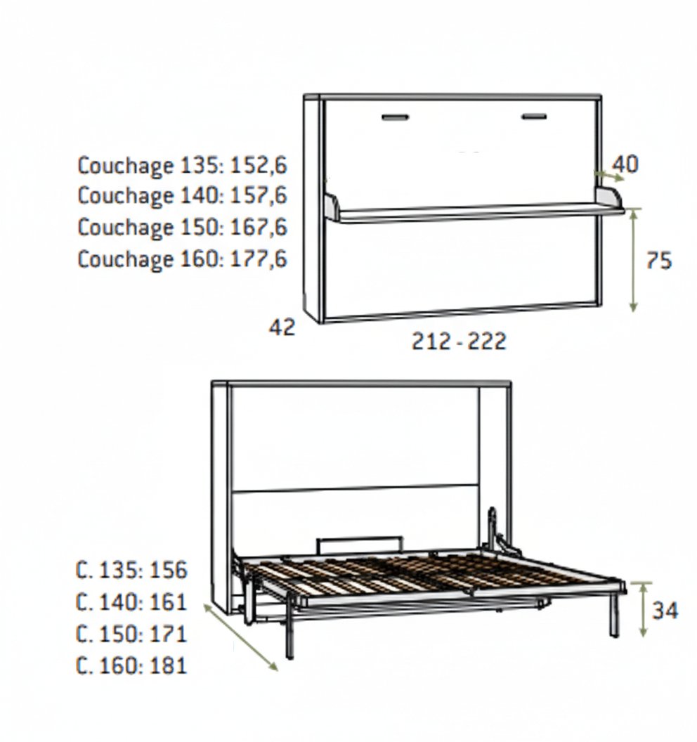 Lit escamotable horizontal 140 x190 cm bureau intégré pour matelas de 21 cm 