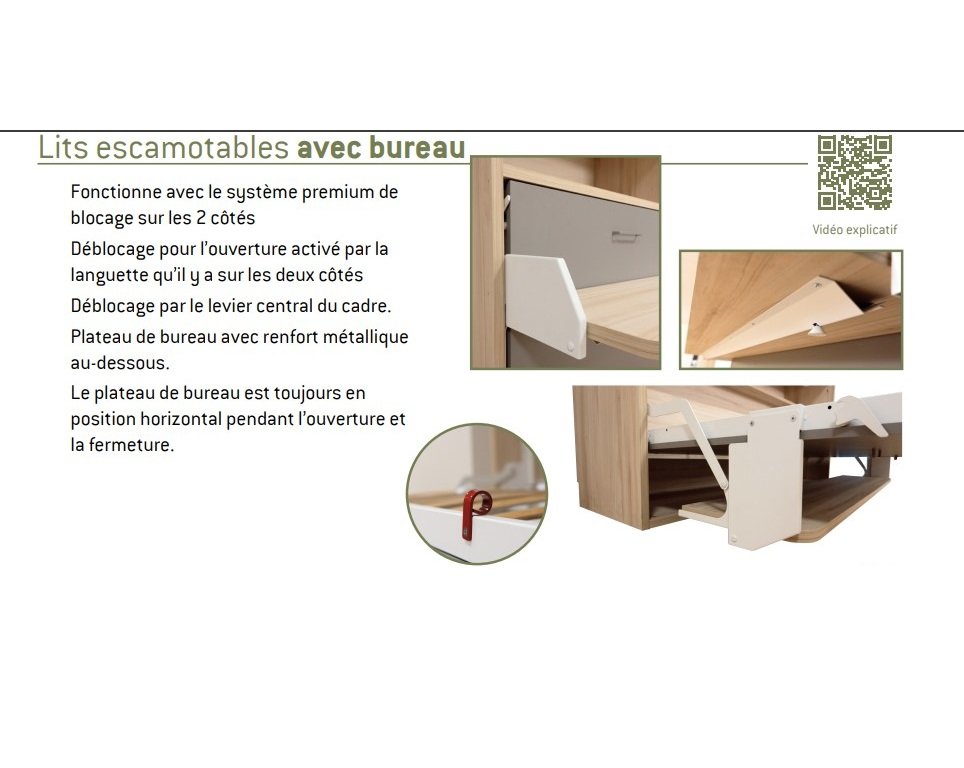 Lit escamotable horizontale pont 90x190 cm bureau intégré pour matelas de 24cm hauteur 220cm