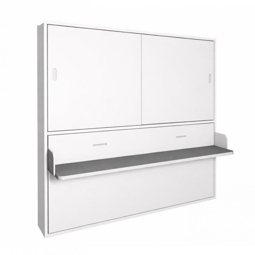 Lit escamotable horizontale portes lisses 90x190 cm bureau intégré pour matelas de 24cm hauteur 240cm