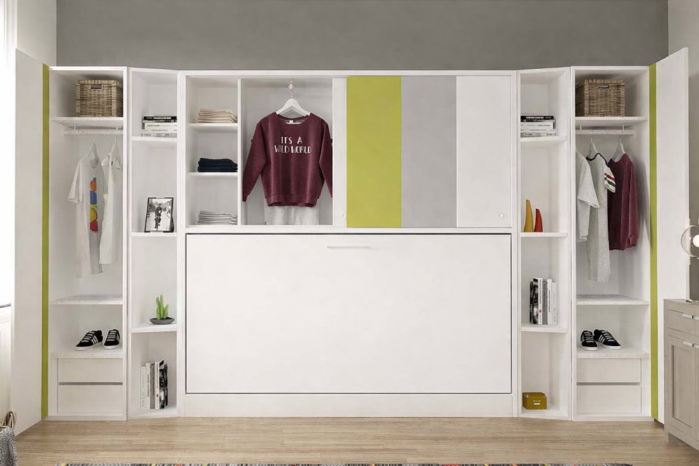 Lit escamotable horizontal avec surmeuble ACADEMY couchage 90x200cm blanc