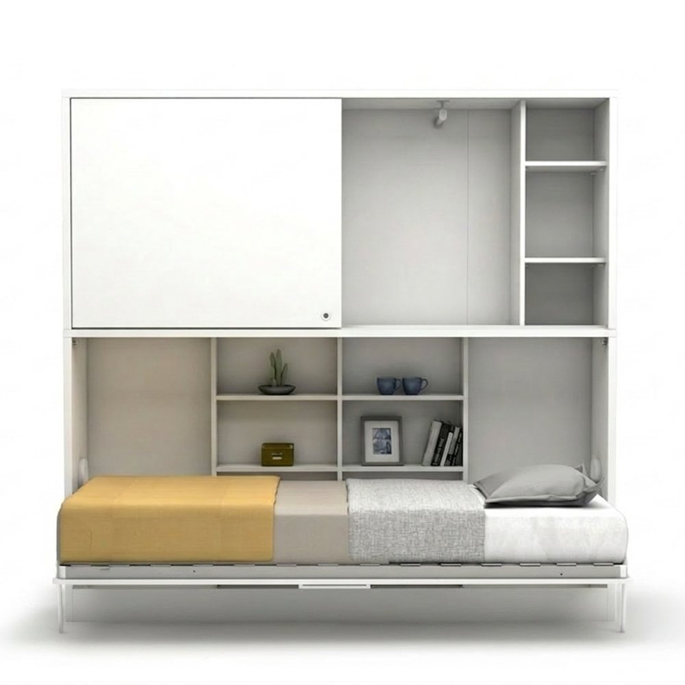 Lit escamotable horizontal avec surmeuble ACADEMY couchage 90x200cm blanc et gris