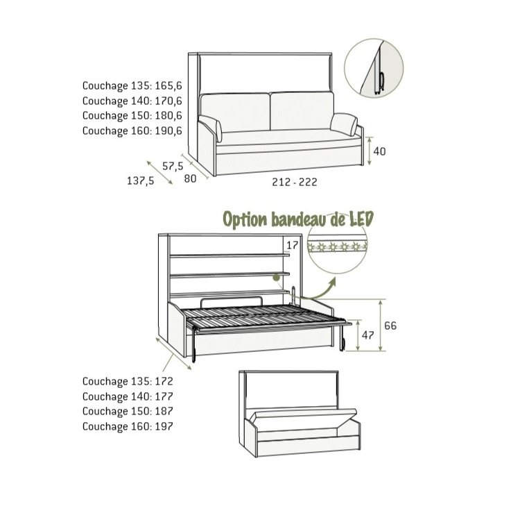 Lit escamotable horizontale 140 x 200 cm ADVANCE SOFA canapé coffre intégré pour matelas de 24cm d