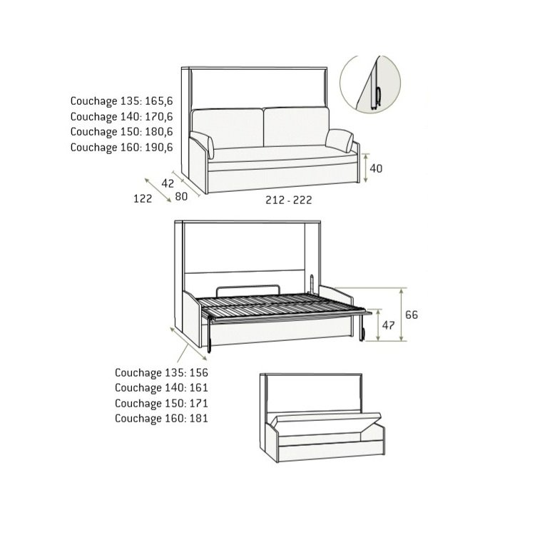 Lit escamotable horizontale 160 x 190 cm ADVANCE SOFA canapé coffre intégré pour matelas de 21cm d