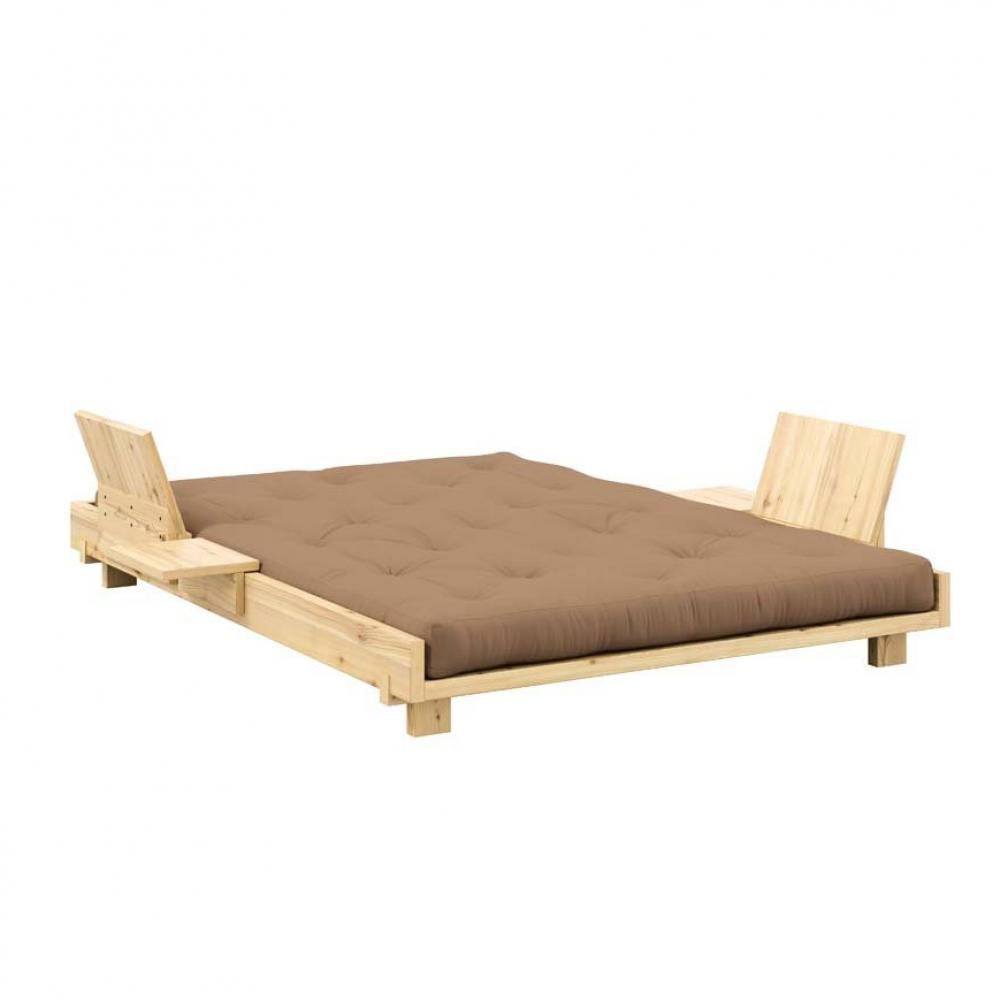 Lit futon SOCIAL SOFA pin laqué naturel couchage 140x200 cm avec 2 dossiers et 2 tables d