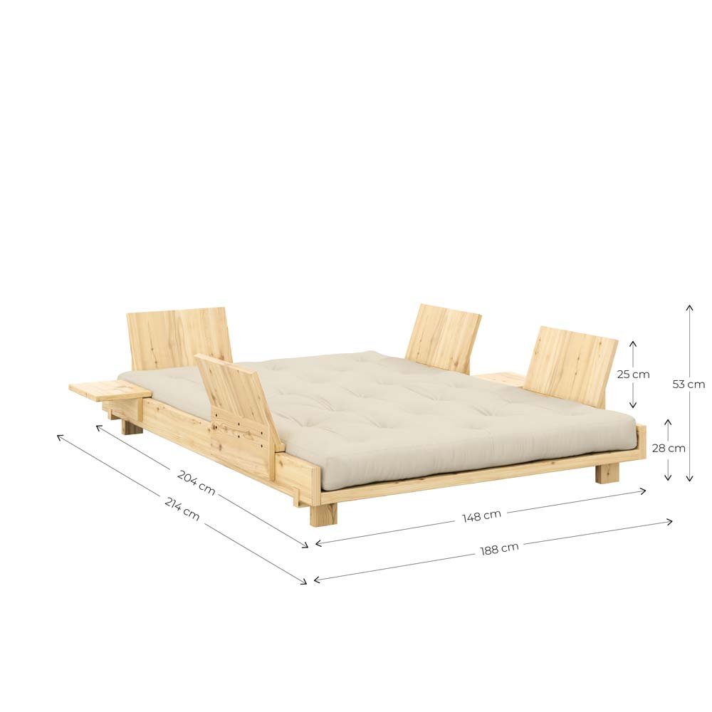 Lit futon SOCIAL SOFA pin laqué naturel couchage 140x200 cm avec 2 dossiers et 2 tables d