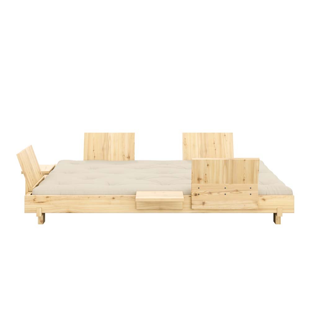 Lit futon SOCIAL SOFA pin laqué naturel couchage 140x200 cm avec 4 dossiers et 2 tables d