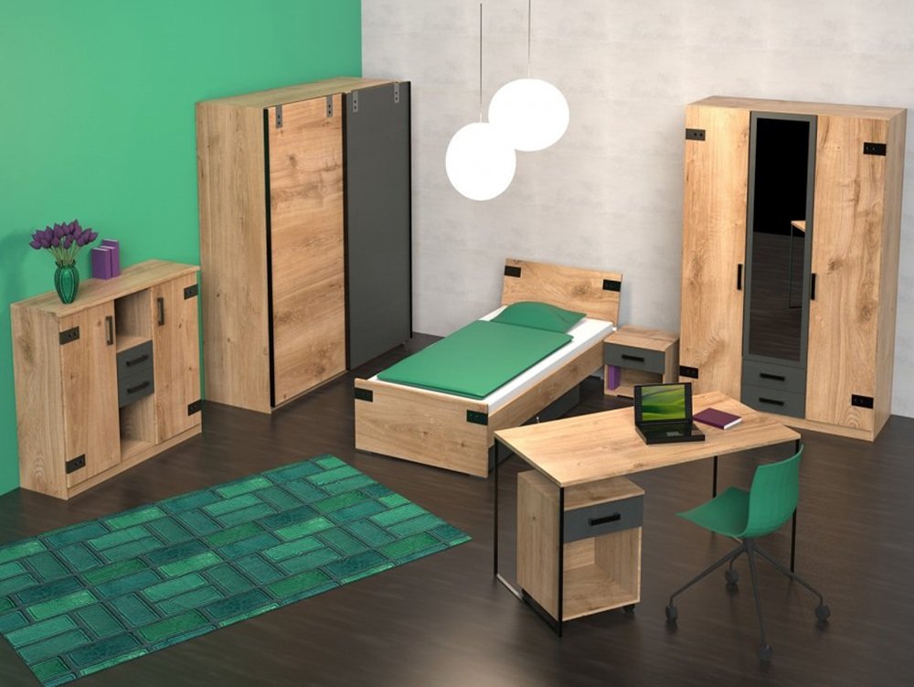 Lit LISBURN style industriel 120 x 200 cm chêne poutre