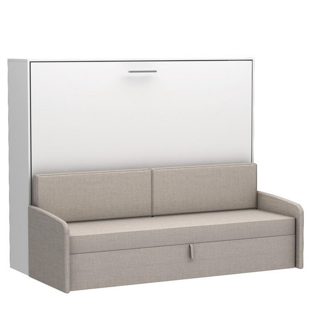 Lit escamotable horizontal canapé tweed beige MULTIMO SOFA couchage 140x200cm blanc