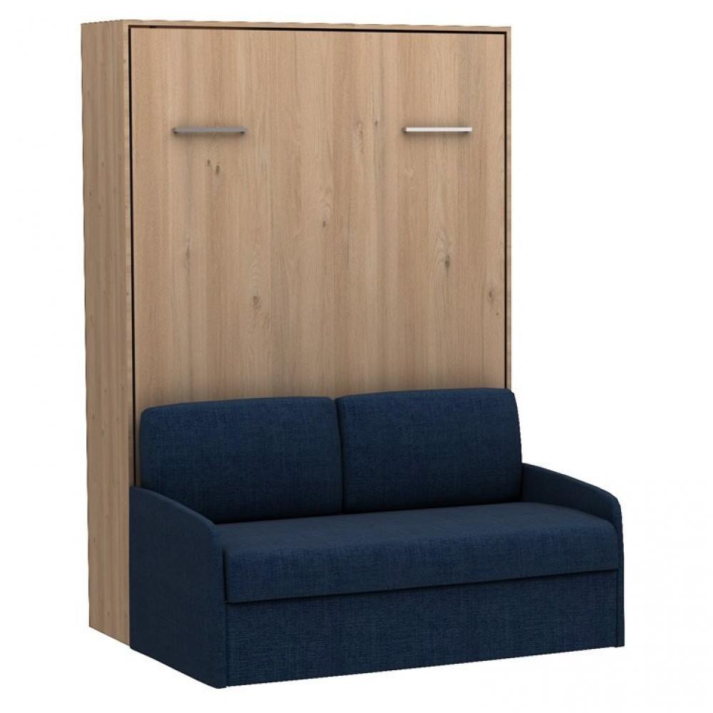 Lit escamotable vertical canapé tweed bleu nuit MULTIMO SOFA couchage 140x200cm chêne