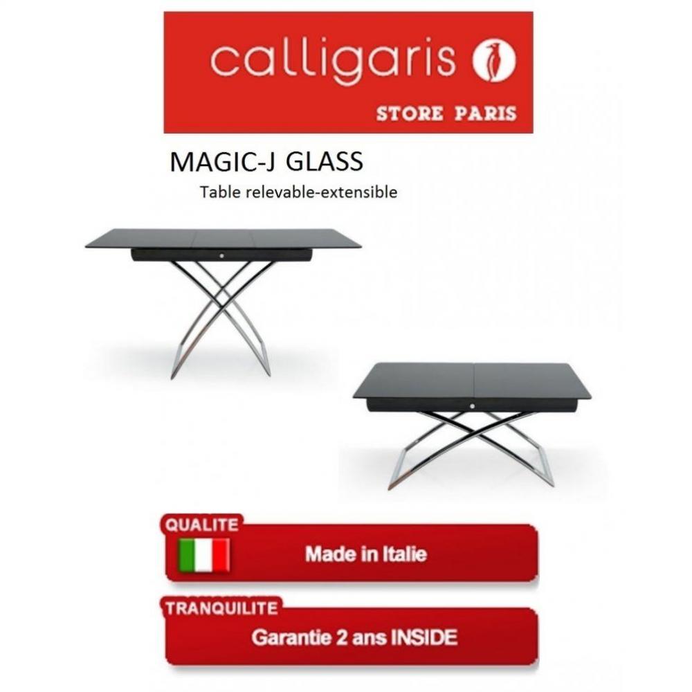 Table Calligaris relevable extensible MAGIC-J verre noire piétement chromé