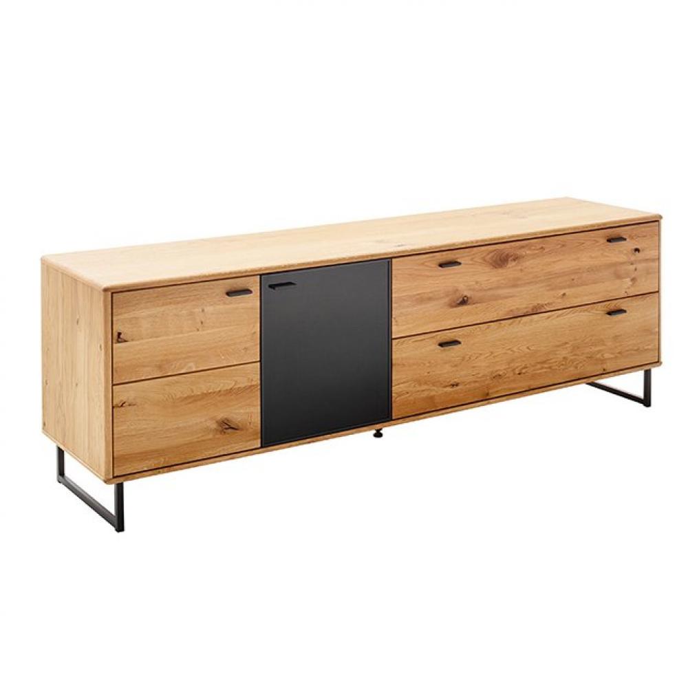 Meuble TV ARUJO 2 portes 2 tiroirs façade chêne sauvage huilé verre anthracite