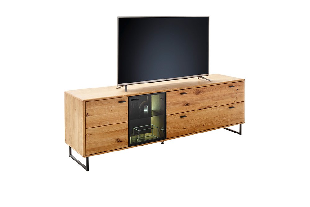 Meuble TV ARUJO 2 portes 2 tiroirs façade chêne sauvage huilé verre anthracite