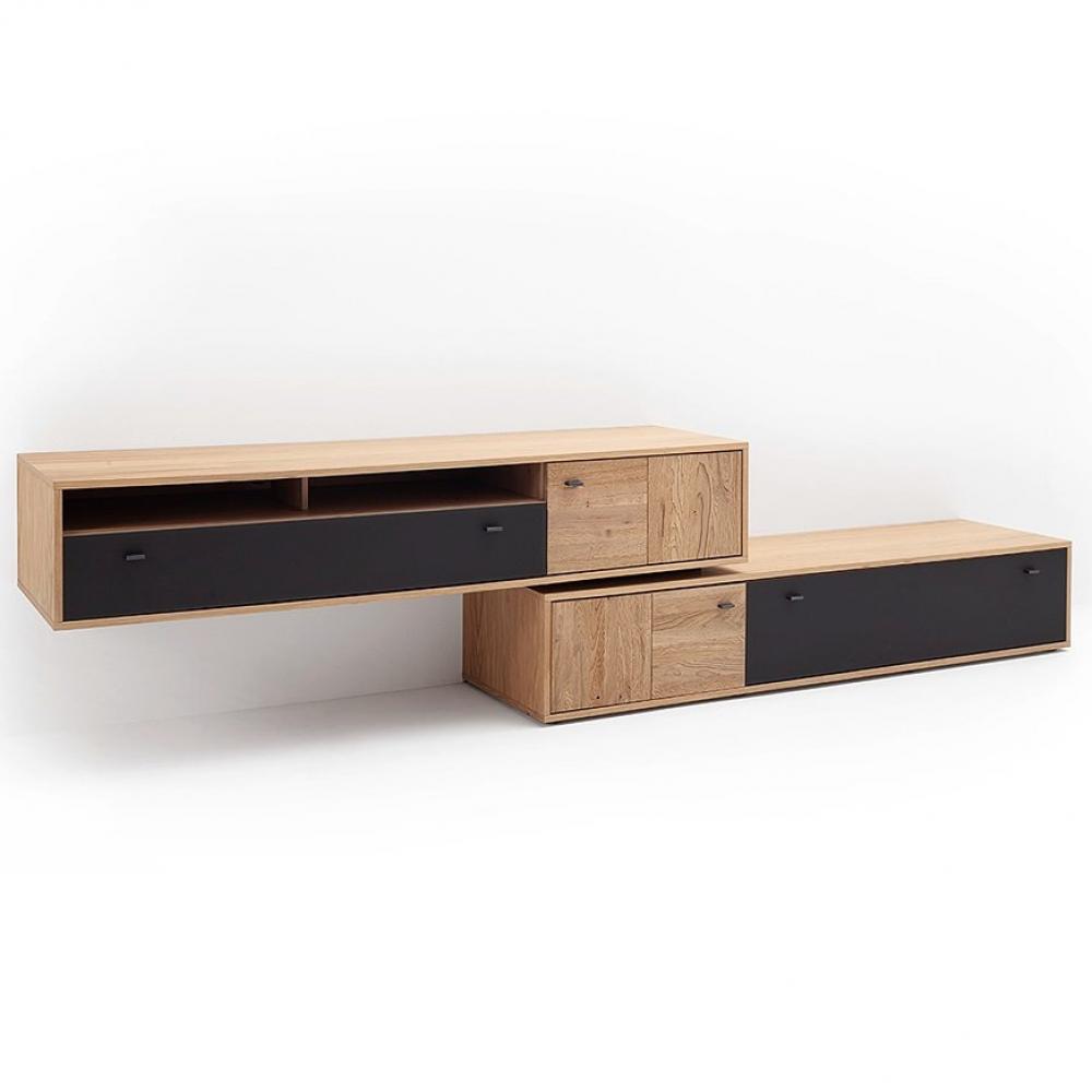 Meuble TV VALERIA 2 portes 2 tiroirs 2 casiers poutre chêne Bianco verre satiné anthracite
