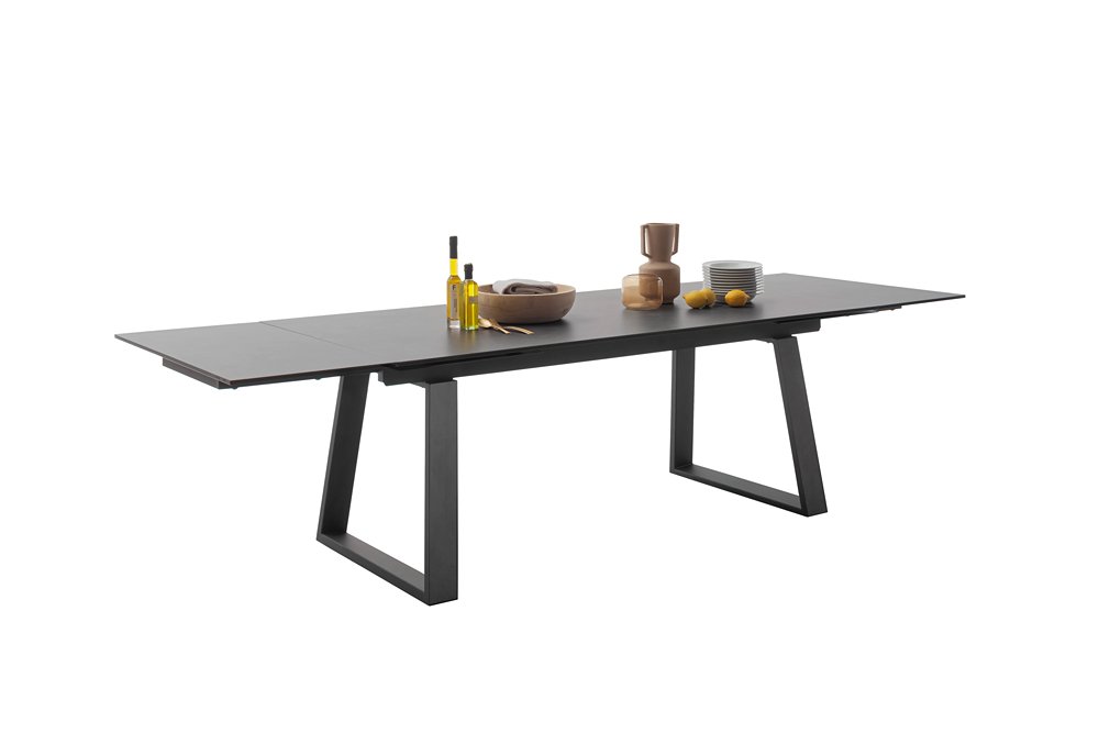 Table repas extensible NARBAN 200(300cm) plateau céramique verre anthracite pied metal noir mat