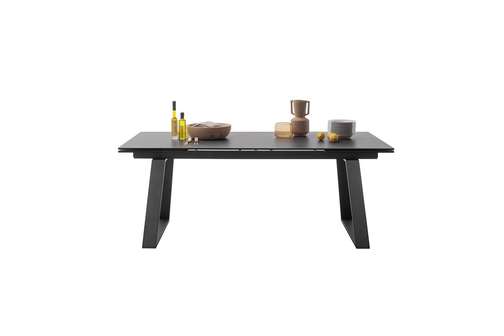 Table repas extensible NARBAN 200(300cm) plateau céramique verre anthracite pied metal noir mat
