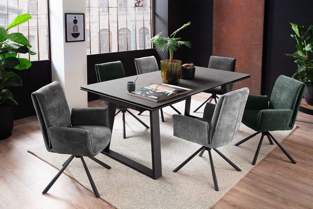 Table repas extensible NARBAN 200(300cm) plateau céramique verre anthracite pied metal noir mat