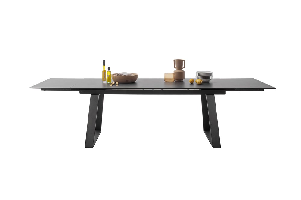 Table repas extensible NARBAN 200(300cm) plateau céramique verre anthracite pied metal noir mat