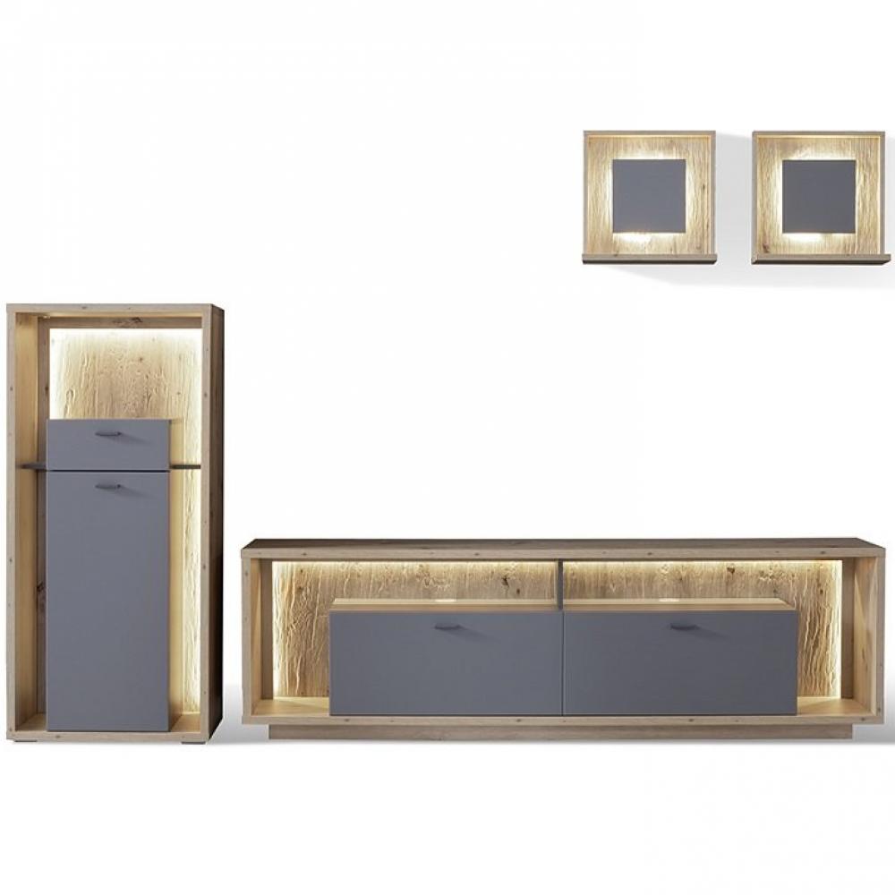 Meuble télé - Commode 66x141cm - étagères murales SOLO Mélamine chêne Façade Gris 