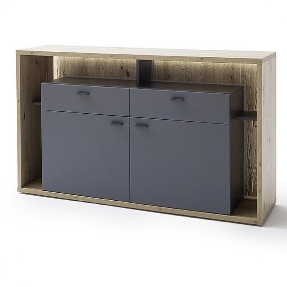 Buffet SOLO 156 x 91 cm Mélamine chêne Façade Gris royal 2 portes- 2 tiroirs 