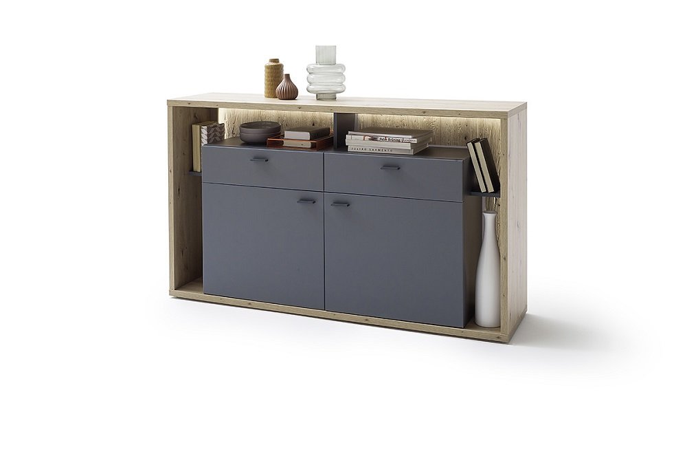 Buffet SOLO 156 x 91 cm Mélamine chêne Façade Gris royal 2 portes- 2 tiroirs 