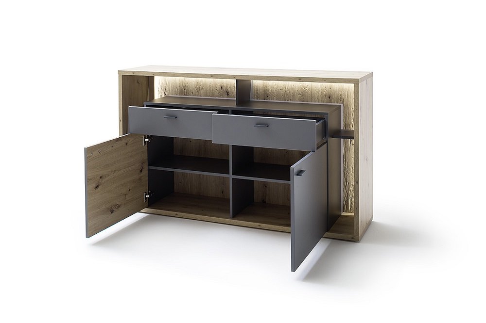 Buffet SOLO 156 x 91 cm Mélamine chêne Façade Gris royal 2 portes- 2 tiroirs 