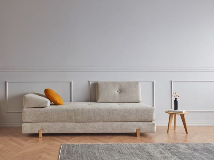 Méridienne design SIGMUND WOOD kenya Gravel beige convertible lit 160*200 cm pieds chêne