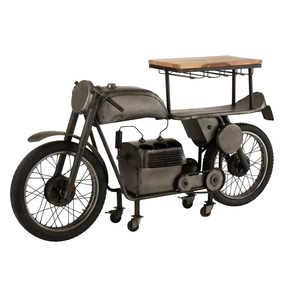 Bar motocyclette TROE en bois de manguier et métal gris.