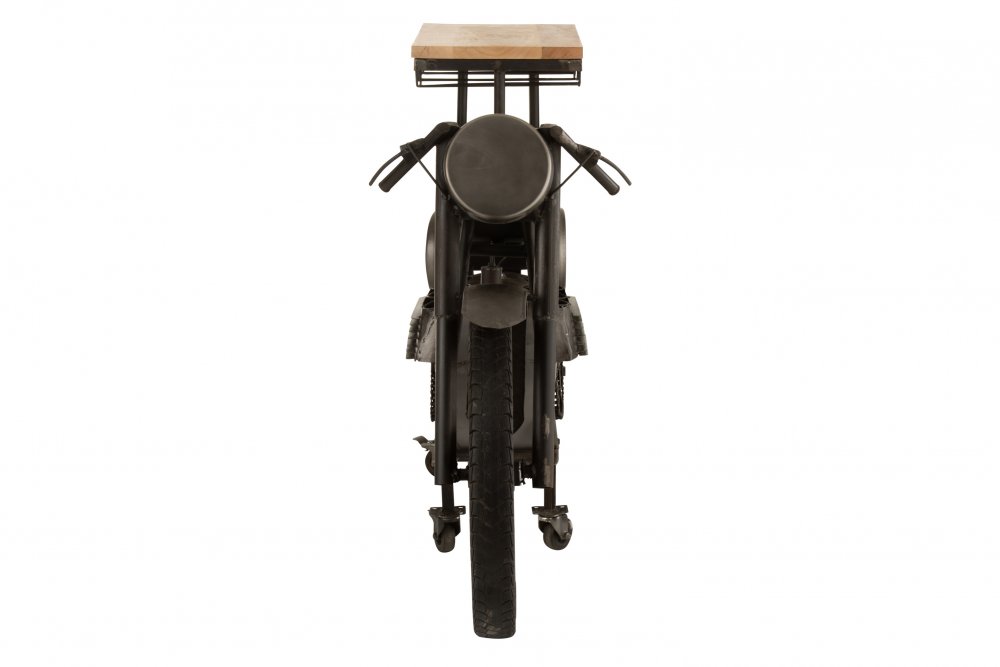 Bar motocyclette TROE en bois de manguier et métal gris.