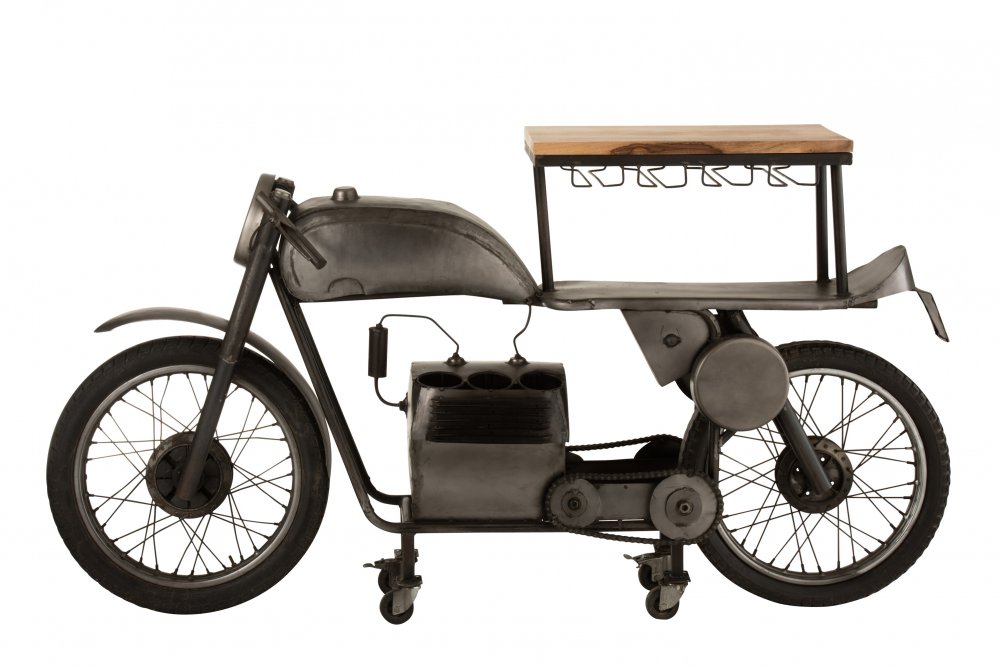 Bar motocyclette TROE en bois de manguier et métal gris.