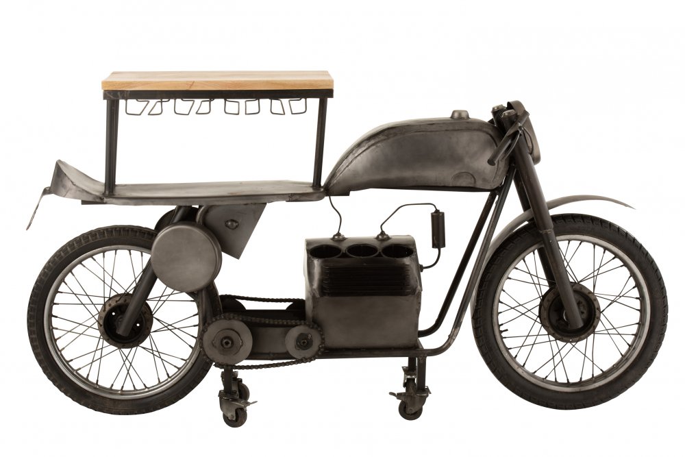 Bar motocyclette TROE en bois de manguier et métal gris.