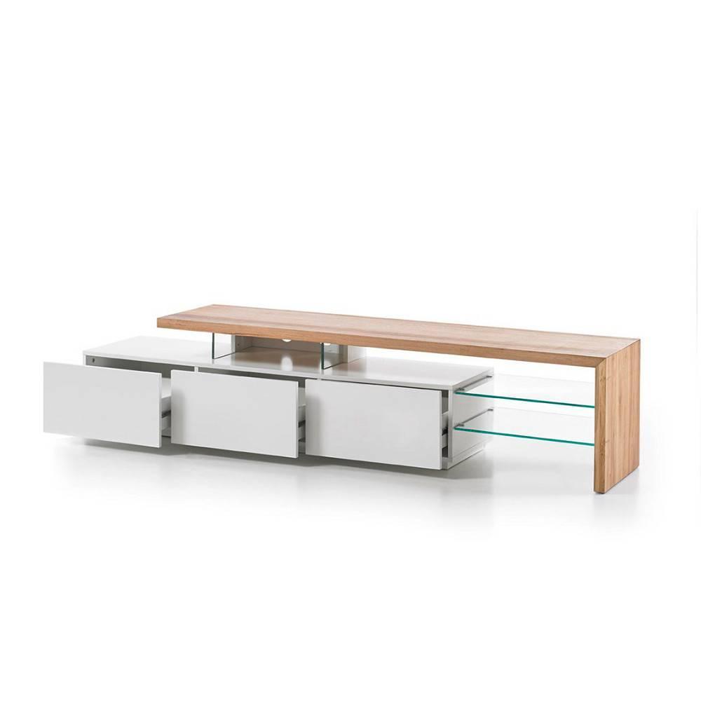 Meuble TV design ALRIK 3 tiroirs structure laquée blanc mat plateau décor chêne