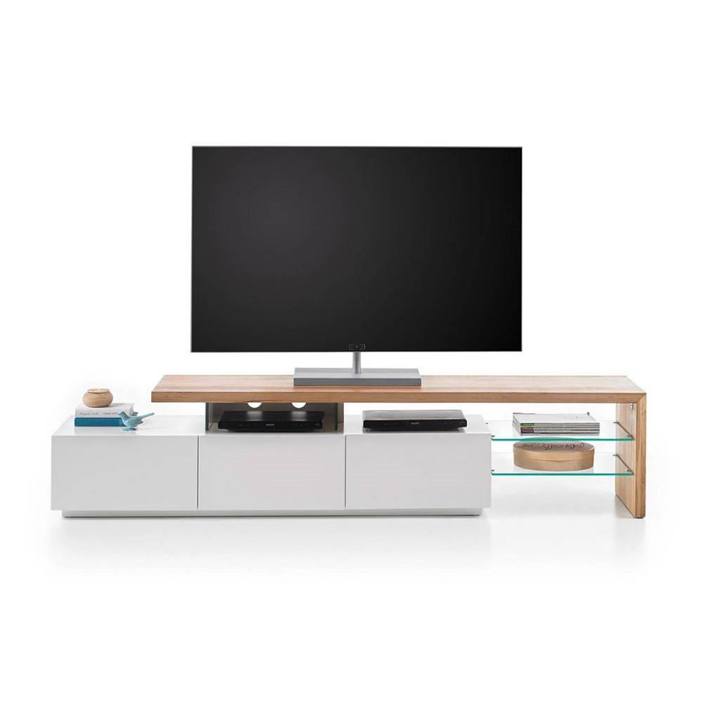 Meuble TV design ALRIK 3 tiroirs structure laquée blanc mat plateau décor chêne