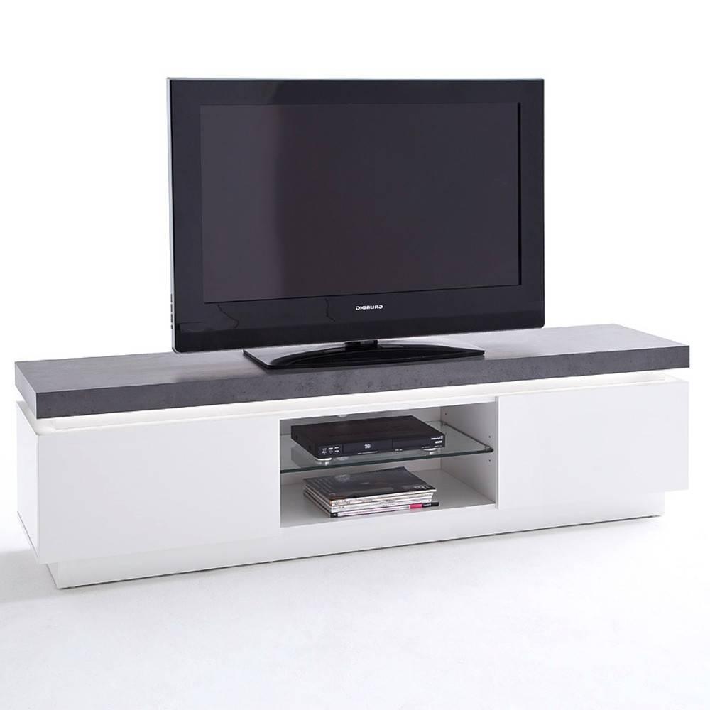 Meuble TV design ATLANTIC CITY laqué blanc mat et béton 2 portes LED blanc inclus