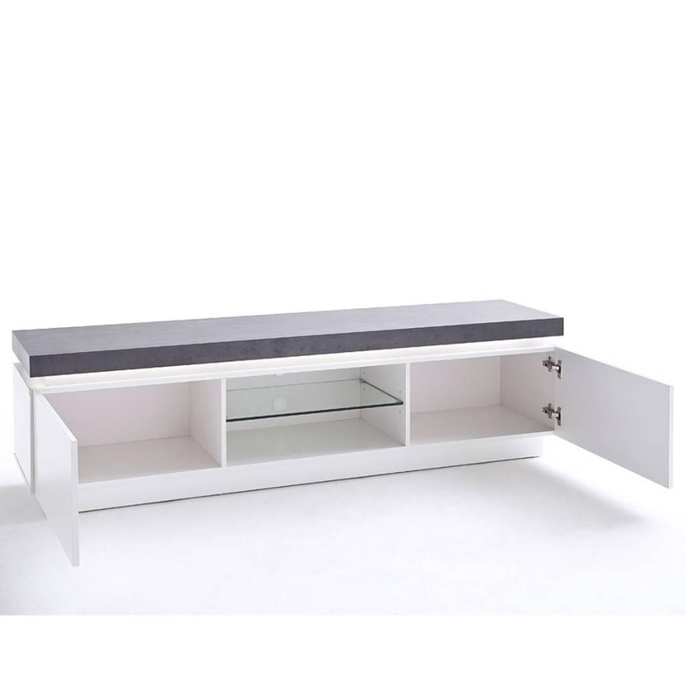 Meuble TV design ATLANTIC CITY laqué blanc mat et béton 2 portes LED blanc inclus