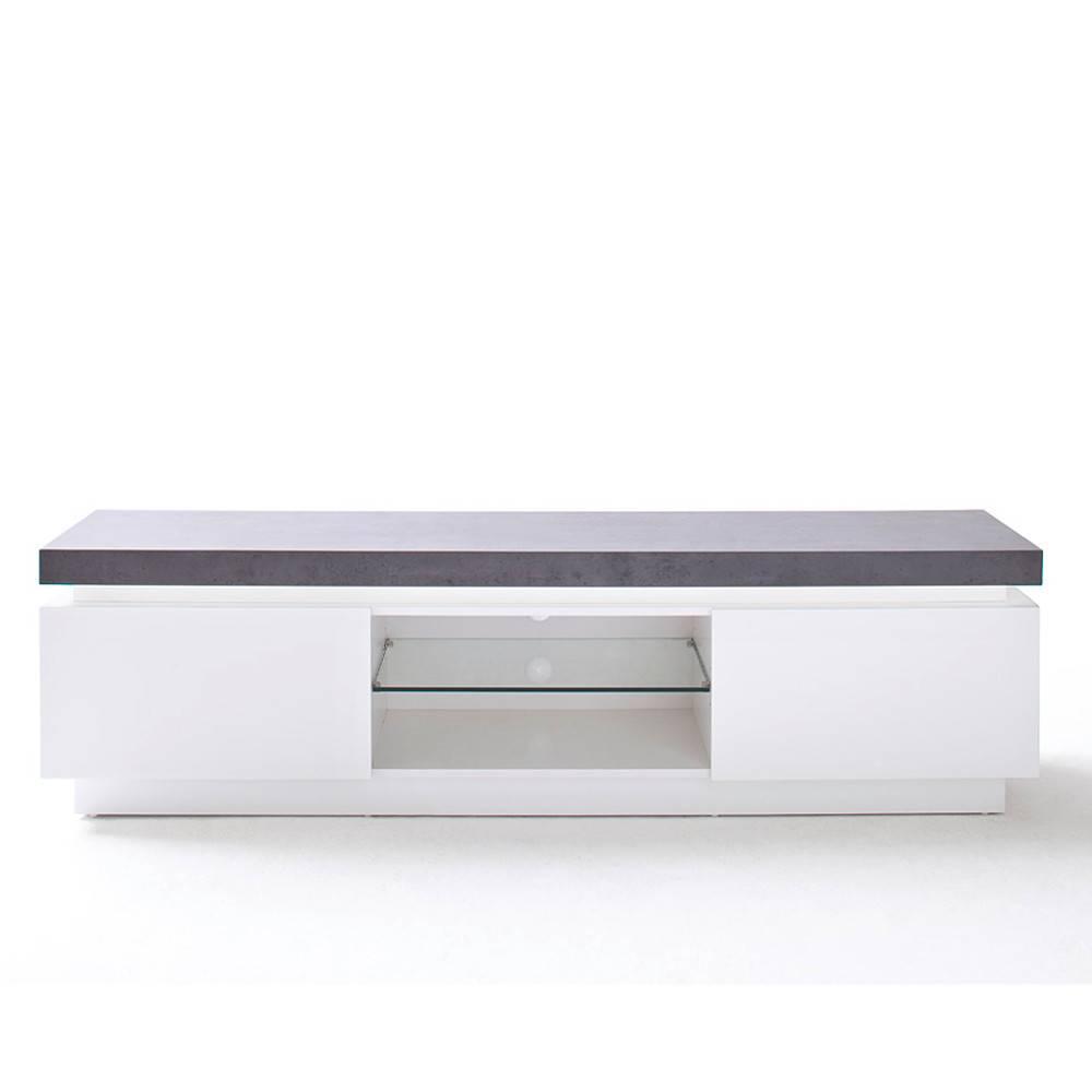 Meuble TV design ATLANTIC CITY laqué blanc mat et béton 2 portes LED blanc inclus
