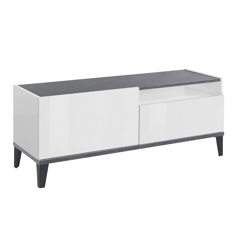 Meuble TV VALIE blanc laqué brillant, gris ardoise, 1 porte 1 tiroir