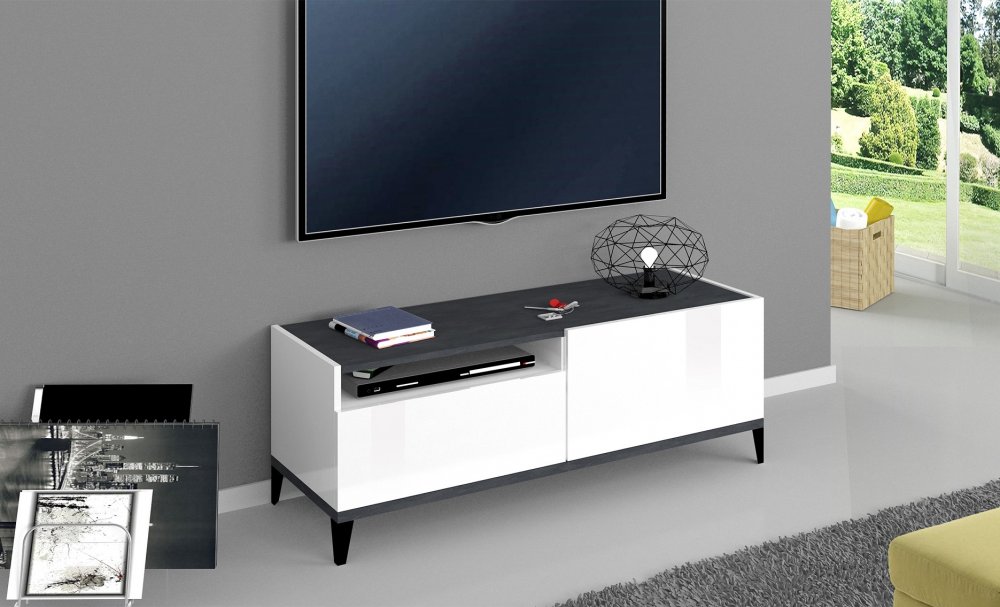 Meuble TV VALIE blanc laqué brillant, gris ardoise, 1 porte 1 tiroir